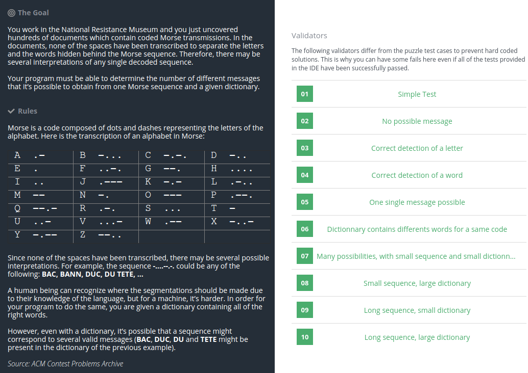 Statement and validation tests of a puzzle